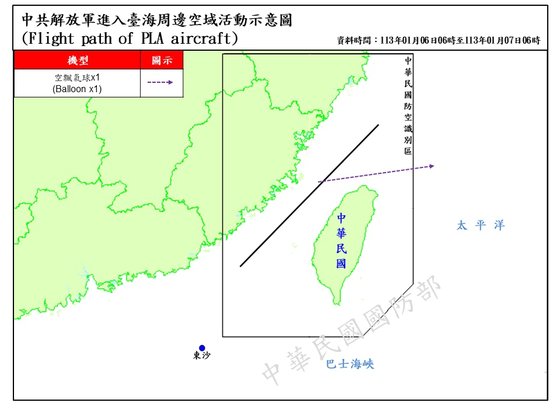 ７日に台湾国防部が発表した、前日に台湾領空に進入した中国風船現況図。［写真　台湾国防部］