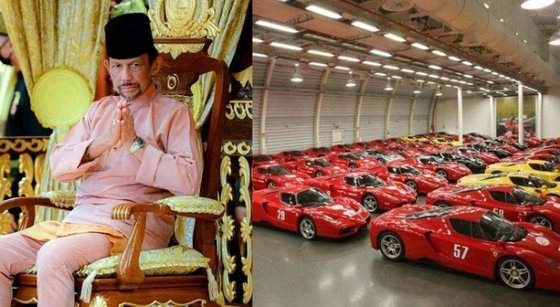 自動車マニアで有名なブルネイのハサナル・ボルキア国王と彼が所有しているフェラーリ車。［写真　ブルネイ王室のインスタグラム・Ｘ］