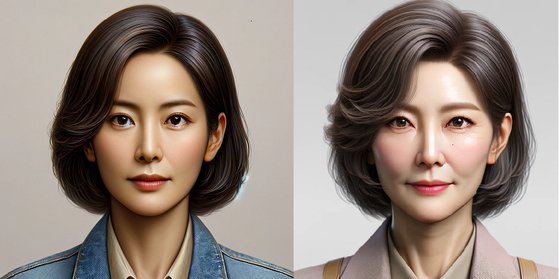 人工知能（ＡＩ）プログラムで描いた１９９７・２０２４年基準の中位年齢の平均女性の様子。統計庁によると、２つの年の中位年齢はそれぞれ３０歳と４６．１歳だ。中央日報