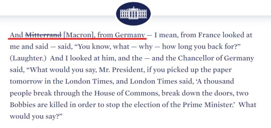 ホワイトハウスは速記録を公開してバイデン大統領が「ミッテラン」と言い間違えた部分を「マクロン」と修正した。［ホワイトハウスのホームページ　キャプチャー］