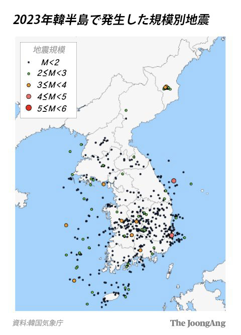 ２０２３年韓半島で発生した規模別地震