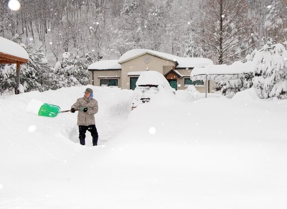 ２２日、大雪特報が下された江原道高城郡（カンウォンド・コソングン）の陳富嶺（チンブリョン）である住民が家の前に積もった雪を片づけている。韓国気象庁は２３日までに江原山地１０～３０センチ、江原東海岸５～１５センチ、慶尚北道北東産地５～１５センチの大雪が予想されるとし、ビニールハウスなど施設被害に注意するように呼びかけた。［写真　高城郡］