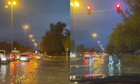 大雨で道路が水に浸かったドバイ。［写真　インスタグラム映像　キャプチャー］