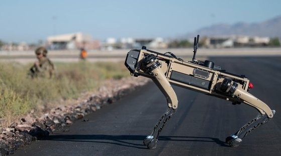 米空軍Ｃ－１３０輸送機で空輸された「ロボット軍犬」が空軍の訓練に投入され、兵士への脅威を偵察している。　［米国空軍提供］