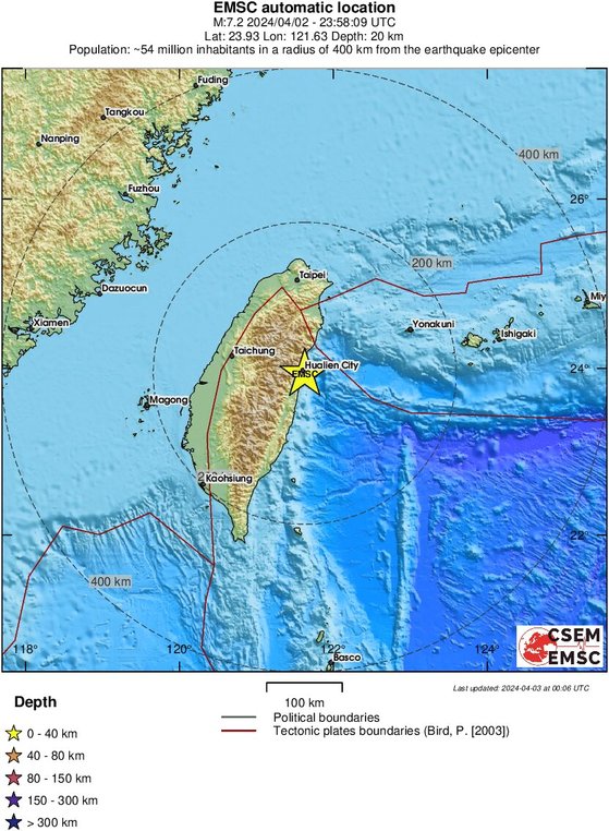 ３日午前、台湾でマグニチュード（Ｍ）７．４の地震が発生した。［写真　欧州地中海地震学センター（ＥＭＳＣ）］