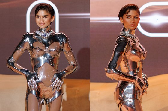 映画『デューン２』試写会でサイボーグファッションを披露したゼンデイア。［写真　ＥＰＡ＝聯合ニュース］