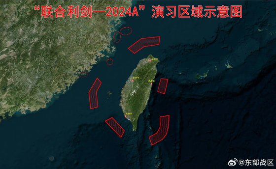 中国人民解放軍東部戦区が２３日に公開した台湾包囲合同軍事訓練地図　［中国人民解放軍東部戦区ＷｅＣｈａｔ　キャプチャー］