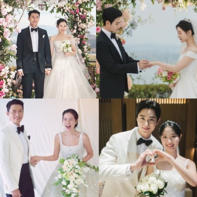 ヒョンビン＆ソン・イェジンの結婚式と最近韓国でヒットしたドラマの中の結婚式の様子。［写真　ヒョンビンとソン・イェジンのＳＮＳおよびｔｖＮ］