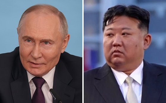 ロシアのプーチン大統領（左）と北朝鮮の金正恩国務委員長（右）。