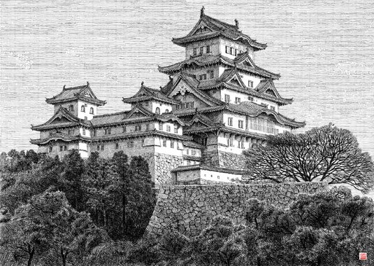 画家のキム・ヨンテク氏がペンで描いた姫路城