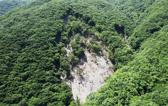 地面の移動で白い山肌がむき出しになっている吐含山の様子。［写真　緑色連合］