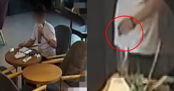 Ａが仕事をしている女性職員を見つめる様子（左）とこの女性職員が飲んだコーヒーに正体不明の異質物を入れる様子が防犯カメラに捉えられた。［写真　ＪＴＢＣ『事件班長』キャプチャー］