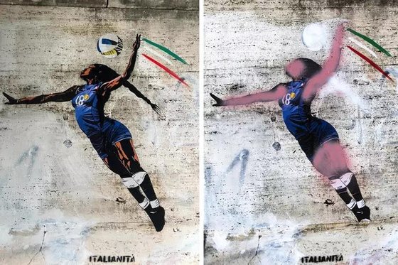エゴヌの壁画がき損される前（左）と後（右）［イタリアＡＮＳＡ通信　キャプチャー（聯合ニュース）］