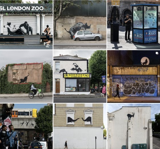 ロンドン各地に描かれたバンクシーの動物の壁画シリーズ。［写真　インスタグラム］