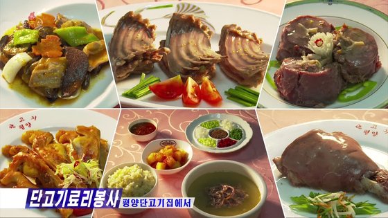 朝鮮中央テレビが紹介した平壌犬肉店の各種料理　［聯合ニュース］