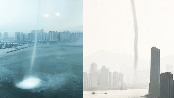 香港ビクトリア港で発生したウォータースパウト［香港天文台のフェイスブック　キャプチャー］