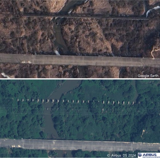  京義線鉄道用の橋梁が撤去された北朝鮮・沙川江の衛生写真［写真　グーグルアース］