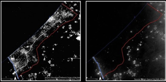 戦争前である昨年９月１４日夜（現地時間）、人工衛星によって撮影されたガザ地区（左）。右の写真は戦争勃発３カ月後の今年１月１日の夜の様子。［写真　中国ＣＢＡＳ］