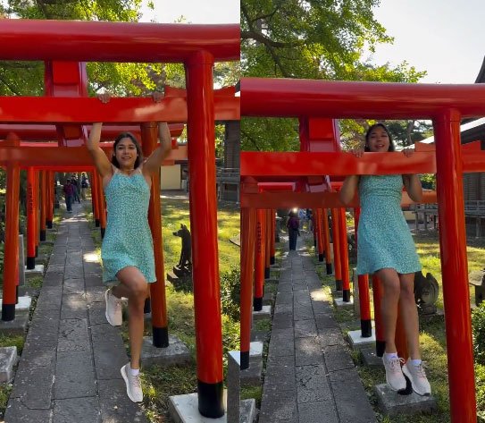 神社の鳥居で懸垂するチリ選手［ペレスさんのインスタグラム　キャプチャー］  ​