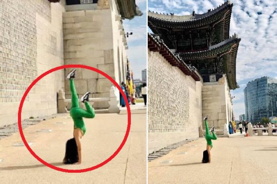   ベトナム女性観光客が全身レギンス姿でヨガする様子［写真　ソーシャルメディア　キャプチャー］