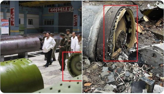 昨年８月、北朝鮮の金正恩（キム・ジョンウン）国務委員長が軍需工場を視察した当時に公開された北朝鮮版イスカンデル（ＫＮ－２３）と推定される武器の写真（左）と、１月２日にウクライナ北東部ハルキウ（ハリコフ）にロシアが発射したミサイルの残骸（右）。　Ｘ（旧ツイッター）@IntelCatalystキャプチャー