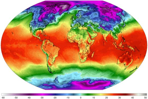 全地球の最低気温分布。［写真　ｃｌｉｍａｔｅｒｅａｎａｌｙｚｅｒ．ｏｒｇ］