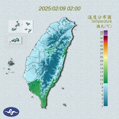 ２０２５年２月９日午前２時の台湾気温　［台湾中央気象署　キャプチャー］