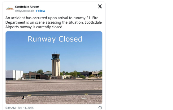 軽飛行機の衝突事故が発生した米アリゾナ州スコッツデール空港が一時閉鎖された。　［スコッツデール空港　Ｘ　キャプチャー］