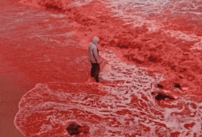   血の色の波が打ちつける海に立つ男性。［写真　ＳＮＳ］