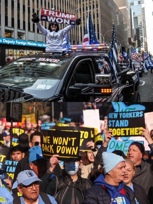 トランプ大統領に対する米国市民の賛否デモ。［写真　ＡＦＰ・ＥＰＡ＝聯合ニュース］