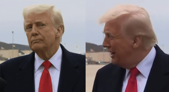 記者をしばらくにらんだ後に笑顔で話をするトランプ大統領。［Ｘ　キャプチャー］
