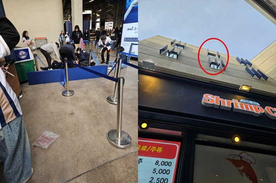 ２９日に慶尚南道昌原の昌原ＮＣパークで開かれたＬＧ対ＮＣの試合中に売店の壁に設置された構造物が落下する事故が起き観客３人が負傷した。［写真　読者提供］