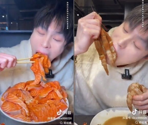 中国ティックトッカーが日本海鮮ビュッフェで爆食いする様子。［写真　ＳＮＳ］