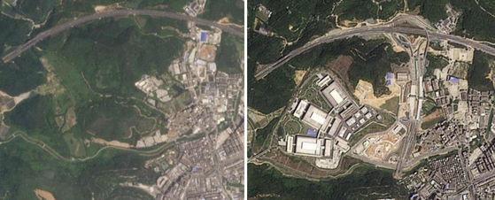 英紙フィナンシャル・タイムズ（ＦＴ）は中国深圳市の２０２２年４月（左）と今年４月（右）の衛星写真を比較して、新たに作られた先端半導体施設３カ所の運営主体がファーウェイ（華為）であると報じた。［ＦＴ公式サイト　キャプチャー］