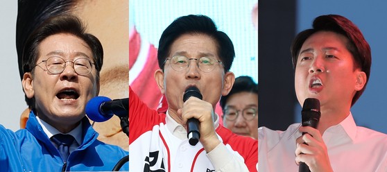 李在明（イ・ジェミョン）共に民主党候補、金文洙（キム・ムンス）国民の力候補、李俊錫（イ・ジュンソク）改革新党候補が公式選挙運動が始まった１２日、それぞれソウル清渓広場、大邱西門市場、ソウル清渓広場で支持を訴えている。　［ニュース１］