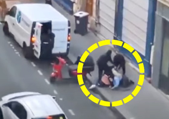 仮想通貨実業家の家族を誘拐しようとしている男たち。［フランス２４ユーチューブ　キャプチャー］  ​