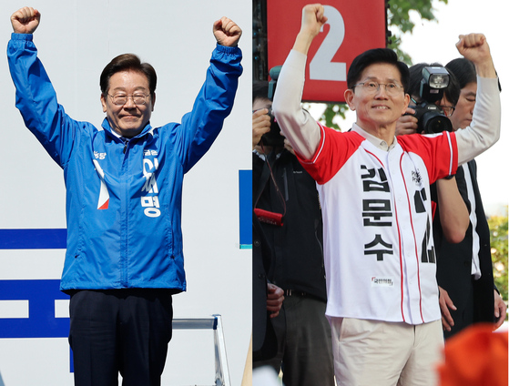 第２１代大統領選挙の公式選挙運動が始まった１２日、それぞれソウル中区の清渓（チョンゲ）広場、大邱（テグ）西門（ソムン）市場で支持を訴えた李在明（イ・ジェミョン）共に民主党候補（左）、金文洙（キム・ムンス）国民の力候補　［ニュース１］