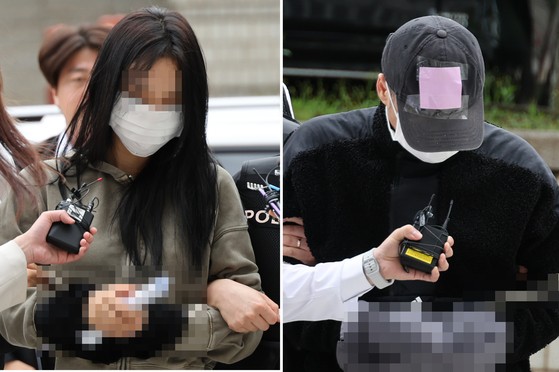 韓国サッカー国家代表の主将孫興慜（ソン・フンミン）の子どもを妊娠したと主張して孫興慜からお金を騙し取ろうとした２０代女性ヤン容疑者（左）と４０代男性ヨン容疑者が１７日、令状実質審査を受けるためにソウル中央地方法院（地裁）入りした。［写真　聯合ニュース］