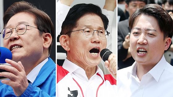 （左から）共に民主党の李在明（イ・ジェミョン）候補、国民の力の金文洙（キム・ムンス）候補、改革新党の李俊錫（イ・ジュンソク）候補　［聯合ニュース］