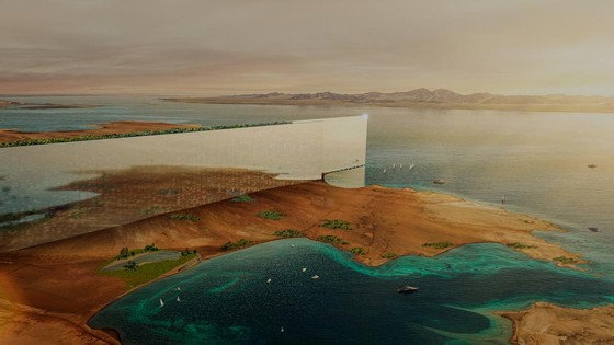 ＮＥＯＭ　Ｃｉｔｙ「Ｔｈｅ　ＬＩＮＥ」は幅２００メートル、高さ５００メートルの超大型ガラスの壁を全長１７０キロメートルにわたって立てて、住居・商業・公共施設などが垂直に層状に建てられた未来型直線都市だ。［写真　ＮＥＯＭ］