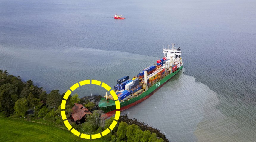 ２２日に長さ１３５メートルの１万１０００トン級コンテナ船「ＮＣＬサルテン」が座礁し、ノルウェーのトロンヘイムにあるヨハネ・ヘルベルグさん家の庭を襲った。［写真　ＡＰ＝聯合ニュース］