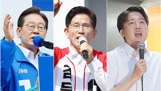 ６月３日の韓国大統領選挙に出馬した（左から）李在明（イ・ジェミョン）共に民主党候補、金文洙（キム・ムンス）国民の力候補、李俊錫（イ・ジュンソク）改革新党候補。［写真　聯合ニュース］