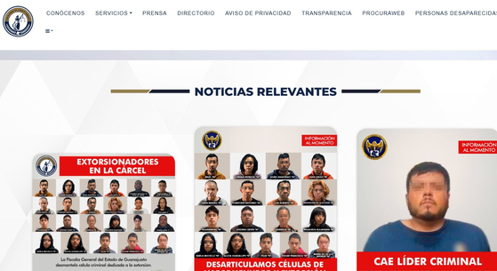 メキシコのグアナフアト州検察庁のサイト。［グアナフアト検察庁のホームページ　キャプチャー］