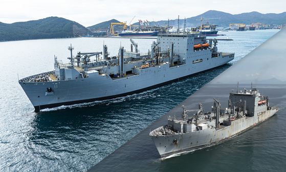 ハンファオーシャンが昨年６月から今年３月にかけて維持・補修・整備（ＭＲＯ）した米海軍第７艦隊所属「ウォリー・シラー」が整備を終え、１３日、慶尚南道巨済（コジェ）ハンファオーシャン事業場を出港している。右下は昨年９月の入港当時の写真。　［写真　ハンファオーシャン］