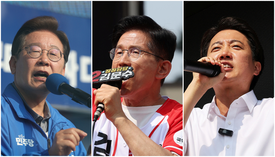 韓国第２１代大統領選挙を２日後に控えた今月１日、（左から）共に民主党の李在明（イ・ジェミョン）候補が蔚山（ウルサン）広域市の日山海水浴場の前で、国民の力の金文洙（キム・ムンス）候補が京畿道（キョンギド）の水原（スウォン）コンベンションセンター広場で、改革新党の李俊錫（イ・ジュンソク）候補が京畿道華城（ファソン）市の東灘（ドンタン）湖公園でそれぞれ支持を訴えている。［写真　聯合ニュース］