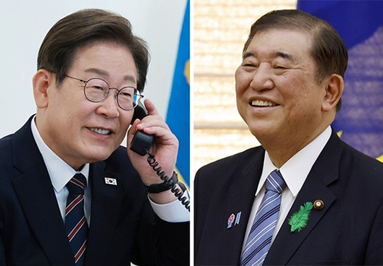 韓国の李在明（イ・ジェミョン）大統領（左）が９日、ソウル竜山（ヨンサン）大統領室で日本の石破茂首相（右）と電話会談を行っている。国交正常化６０周年を迎えて意思疎通を強化することにした両首脳は今月１５～１７日にカナダで開かれる主要７カ国（Ｇ７）首脳会議（サミット）で会う予定だ。［写真　大統領室写真記者団、ＡＰ＝聯合ニュース］