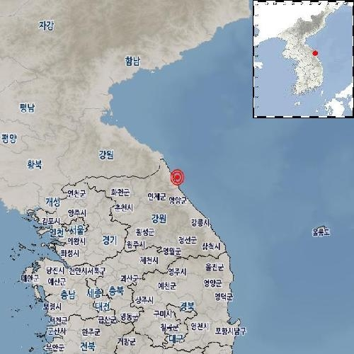 １０日午後１１時５３分２８秒、江原道高城郡（カンウォンド・コソングン）の東南東１１キロメートル海域でマグニチュード（Ｍ）２．２の地震が発生したと韓国気象庁は発表した。［写真　韓国気象庁］
