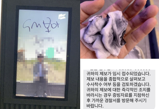 ソウル市内各地で歌手ＢｏＡさんを誹謗中傷する落書きが見つかり、ファンらが通報だけでなく現場で落書き除去作業にも出た。［オンラインコミュニティ　キャプチャー］