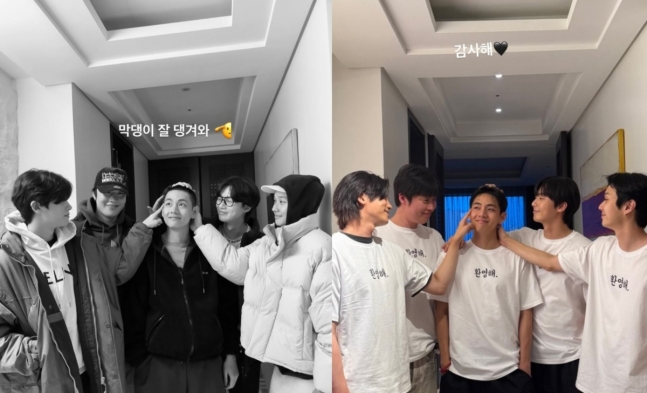 「ウガファミリー」のＢＴＳのＶの軍生活前（左）後（右）の同じ構図の写真。［写真　ＳＮＳ］  ​