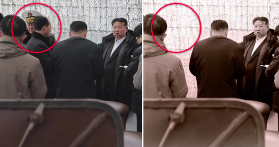 ３月に朝鮮中央テレビが報道した場面（左）と１３日に朝鮮中央テレビが報道した場面（右）で金明植海軍司令官とホン・ギルホ清津造船所長の姿が消えた事実が比較される。［ＮＫニュース　キャプチャー］